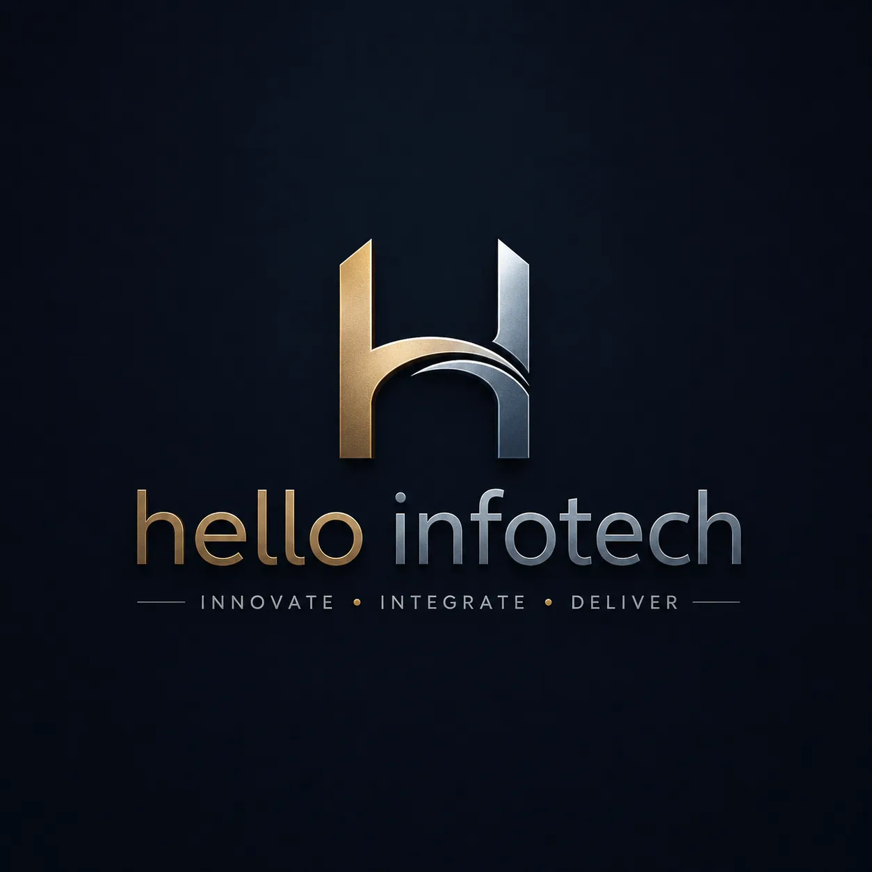 The Hello Infotech mark: a gold stem and a steel stem bridged by an arc, above the wordmark and the tagline Innovate, Integrate, Deliver.